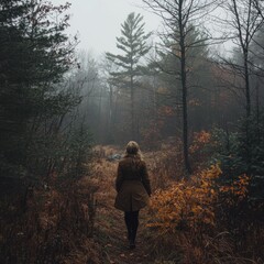 Canvas Print - a woman walking through a forest in the fog