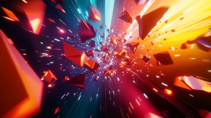 Leinwandbilder - Dynamic 3D rendering of energetic polygonal shapes in motion with vibrant colors.