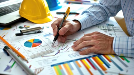 Wall Mural - generate a photo realistic image of a construction project team strategizing financial tracking meth