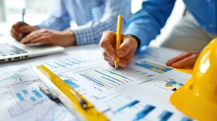 Wall Mural - generate a photo realistic image of a construction project team strategizing financial tracking meth