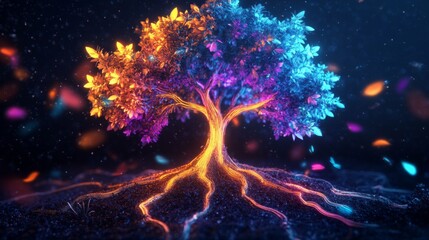 Aufkleber - Dynamic 3D tree with bright, neon leaves and roots, symbolizing a vibrant and thriving ecosystem.
