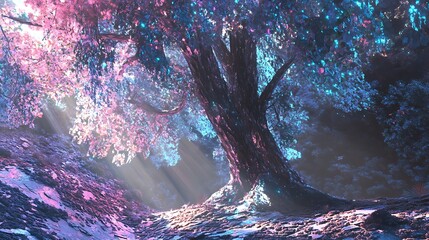 Poster - Mystical Forest Tree with Glowing Lights and Sunbeams