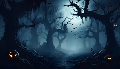 A dark and foggy forest on Halloween, with twisted, ancient trees 