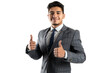 © PNG and Green Video - A young Hispanic businessman in a stylish suit, giving a thumbs up, white background.