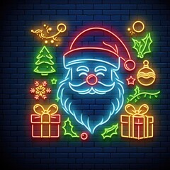 Wall Mural - Vector realistic isolate neon sign of Christmas santa  for template decoration on the wall background