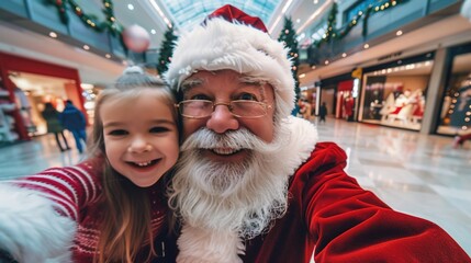 Santa Claus and a Little Girl Take a Selfie in a Shopping Mall