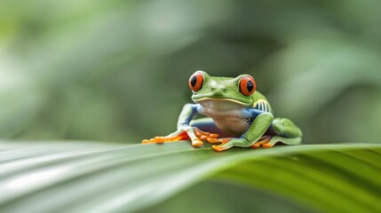 Red-eyed tree frog on tropical leaf, vivid colors.