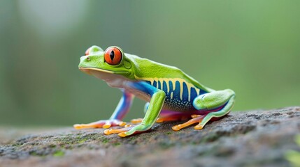 Red-eyed tree frog on tropical leaf, vivid colors.