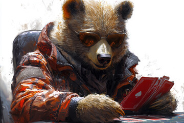 Animal Bear plays poker blackjack in a casino, fantasy