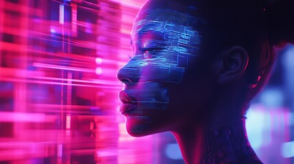 Wall Mural - Profile of a Woman with Digital Lines in Neon Pink and Blue Light