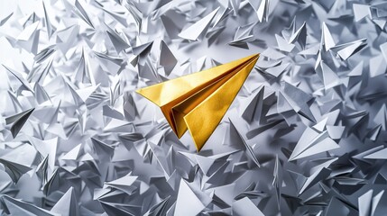 Distinctive gold paper plane rising amidst silver and white planes falling away, captured in an elegant composition