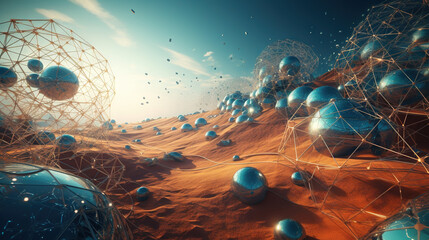 Wall Mural - abstract scfi-fi landscape with connected 3d balls and molecular grid structure. futuristic surreal 