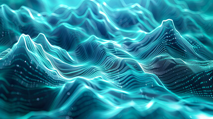 Digital landscape with flowing particles and binary code Big data visualization Network connection structure Cyber technology background 3D render