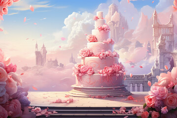 generated illustration beautiful elegant layered pink wedding cake decorated with  flowers.