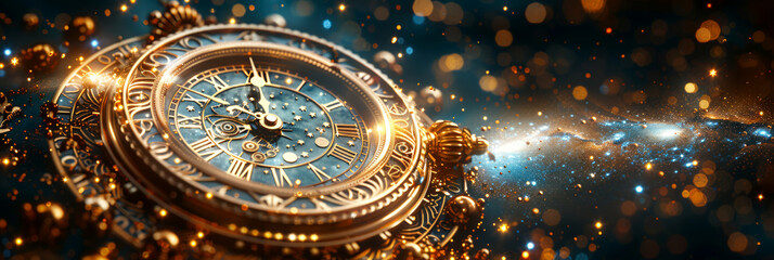 Canvas Print - vintage astronomical clock with intricate details and starry background, perfect for themes of time 