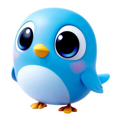 3d illustration of cute blue cartoon bird with big eyes orange feet standing isolated on png transparent background