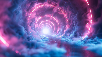 Wall Mural - neon lights tunnel abstract background futuristic architecture ultraviolet space vibrant colors port
