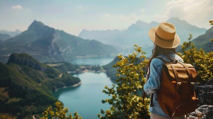 Sticker - Woman Hiking Mountains with Backpack and Hat Looking over Lake