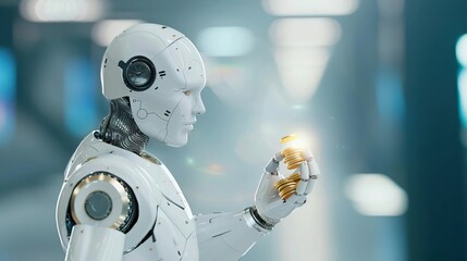 Artificial intelligence robot counting gold coins, dark laboratory.