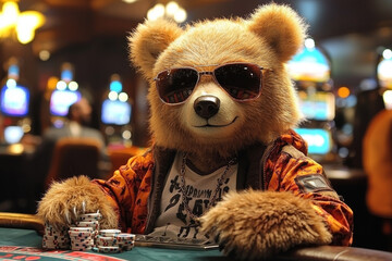 Animal Bear plays poker blackjack in a casino, fantasy