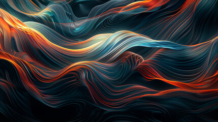 Wall Mural - abstract dark wavy background with orange and blue light lines digital art background texture flow w