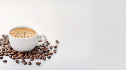 White cup of coffee with coffee beans on white background