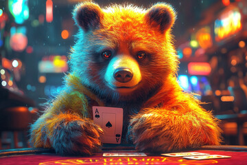 Animal Bear plays poker blackjack in a casino, fantasy