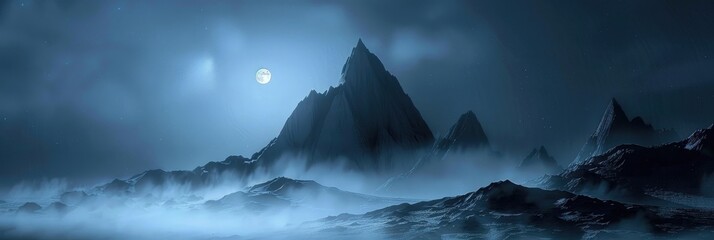 Poster - Mountain silhouette in the mist under the full moon