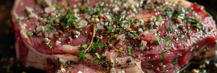 Sticker - Marbled ribeye steak embellished with herbs and spices prepared for cooking