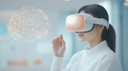 Woman wearing VR headset interacting with virtual reality, immersive technology.