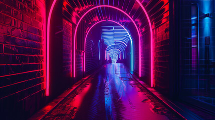 Canvas Print - Dark urban tunnel with glowing neon lights cyberpunk city alley background futuristic architecture