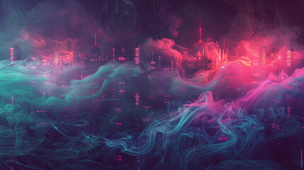 Wall Mural - cyberpunk city skyline with neon lights glowing through clouds of pink and blue smoke dark futuristi