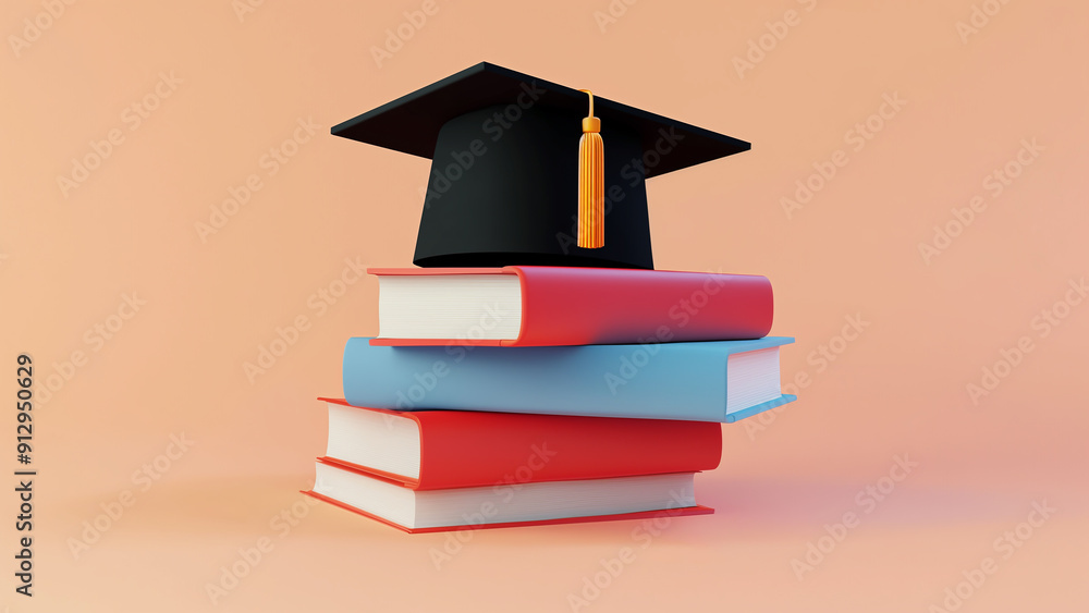 Illustration of a graduation cap resting on a stack of books with a ...