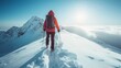 © coco - Hiker walking on snowy mountain ridge under bright sun
