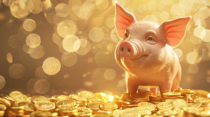 A beautiful pig on the background of gold coins