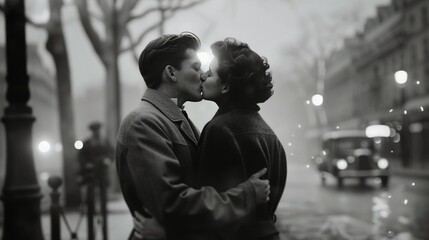 Poster - young couple kissing in paris in 1950. monochromatic vintage