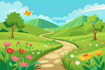 Wall Mural - A lush green meadow with wildflowers, a winding path, and a butterfly fluttering. Vector landscape illustration