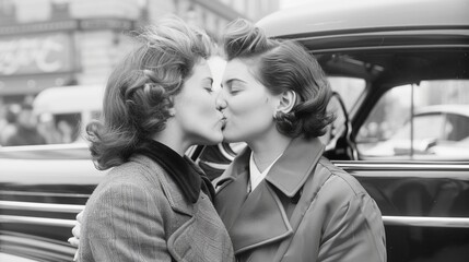 Canvas Print - young lesbian couple kissing in the street in 1950. monochromatic vintage