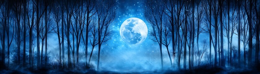 Wall Mural - mystical watercolor forest bathed in moonlight, with sparkle stars creating a dreamy ambiance among 