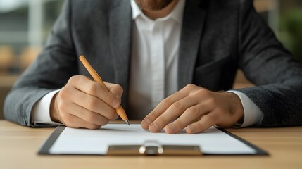 A man in a suit carefully writing on paper with a pen, showcasing professionalism and attention