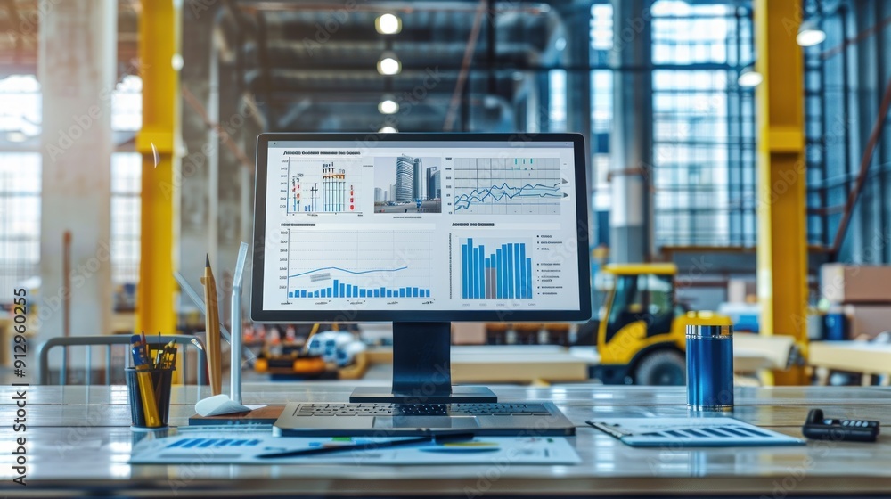 Generate a photo realistic image of a construction project displaying a budget monitoring dashboard with real-time cost tracking and financial analysis; ensure the image is of high resolution