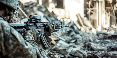 A soldier in full camouflage uniform takes a prone position on a rooftop, aiming a sniper rifle towards a distant. Generative AI.