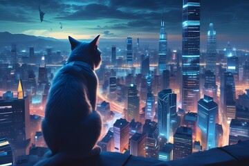 A cat surveying a sprawling futuristic cityscape bathed in blue light and high-tech elements