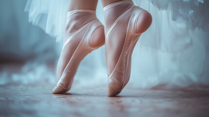 In soft ballet slippers, the ballerina's feet express subtle elegance and grace. Their precise positioning and delicate bends of the toes and feet reveal the beauty of ballet technique.