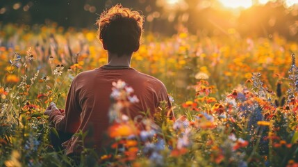 Poster - Person sitting in a field of flowers, with a beautiful sunset.