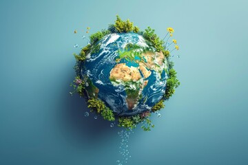 earth with water conservation and renewable energy symbols minimal icon flat green background illust