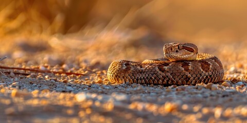 Close up view of a stunning Western diamondback rattlesnake coiled on the ground