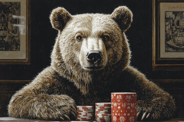 Animal Bear plays poker blackjack in a casino, fantasy