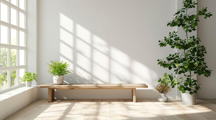 Sticker - Minimalist Room Interior with Wooden Bench and Plants.