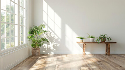 Wall Mural - Minimalist Interior with Plants and Wooden Bench.